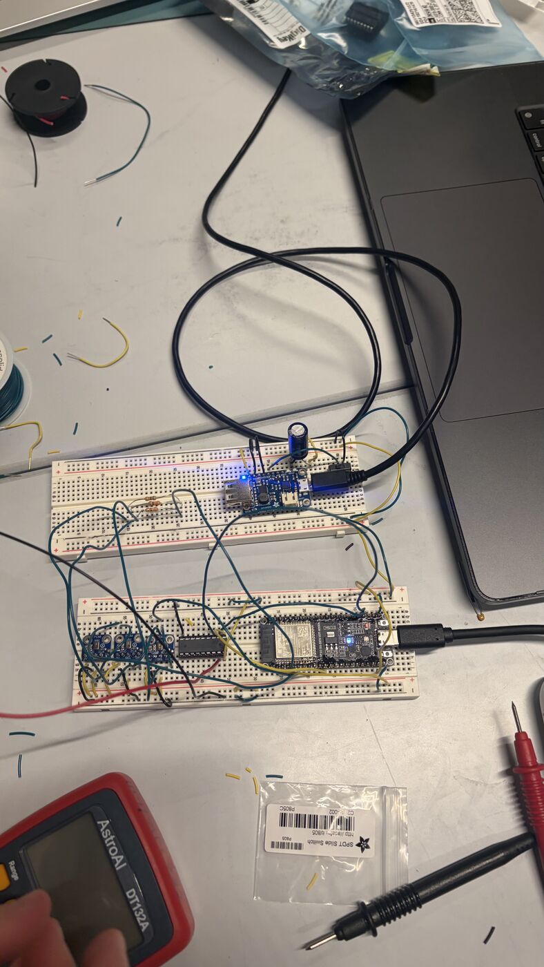 Breadboard bring-up: probing, checking the DevKit pinout, and the full breadboard prototype
