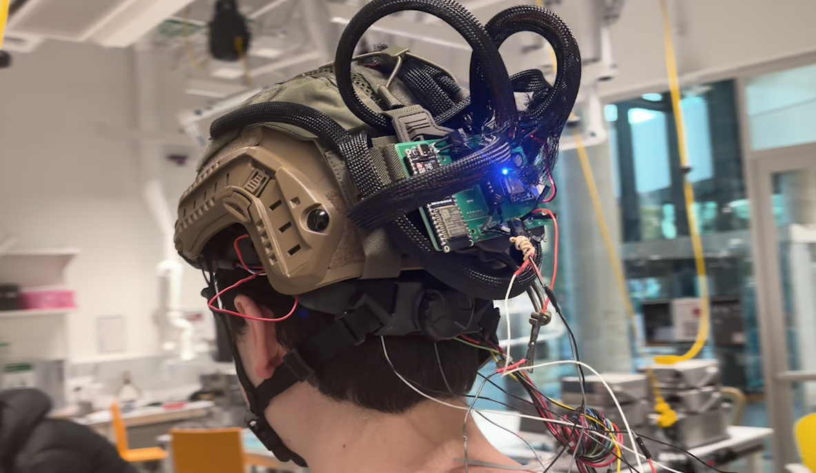 The finished headband, worn inside the helmet under its cover, on demo morning