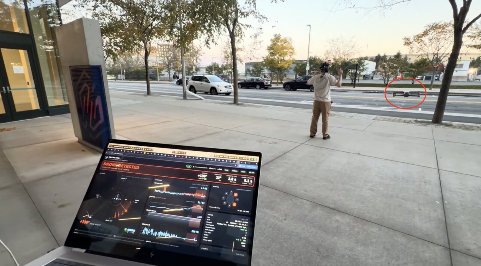 Live outdoor detection, with the dashboard tracking the drone over Wi-Fi from the headset