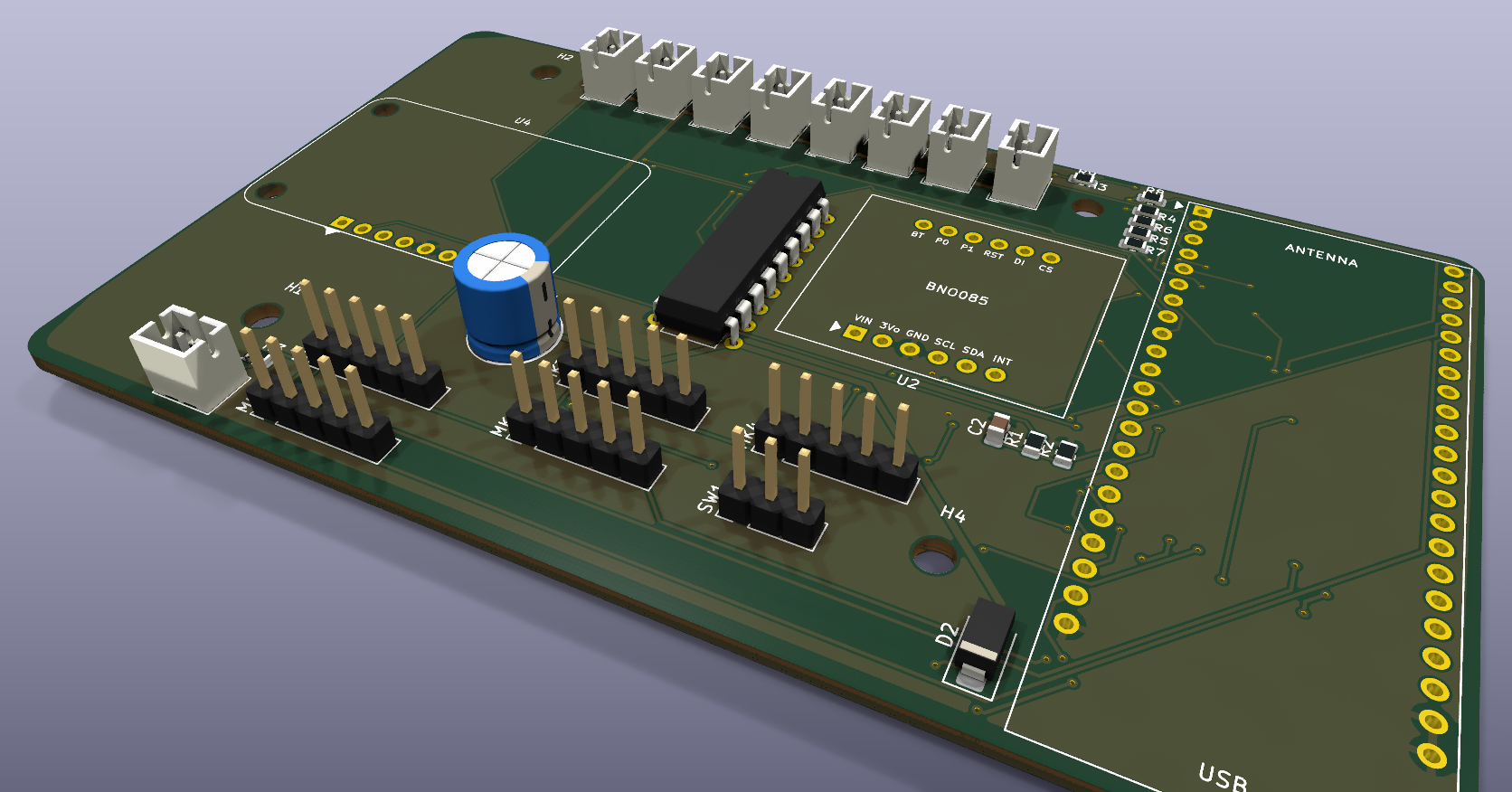 v3 carrier board: 3D render and copper layers (top red, bottom blue)