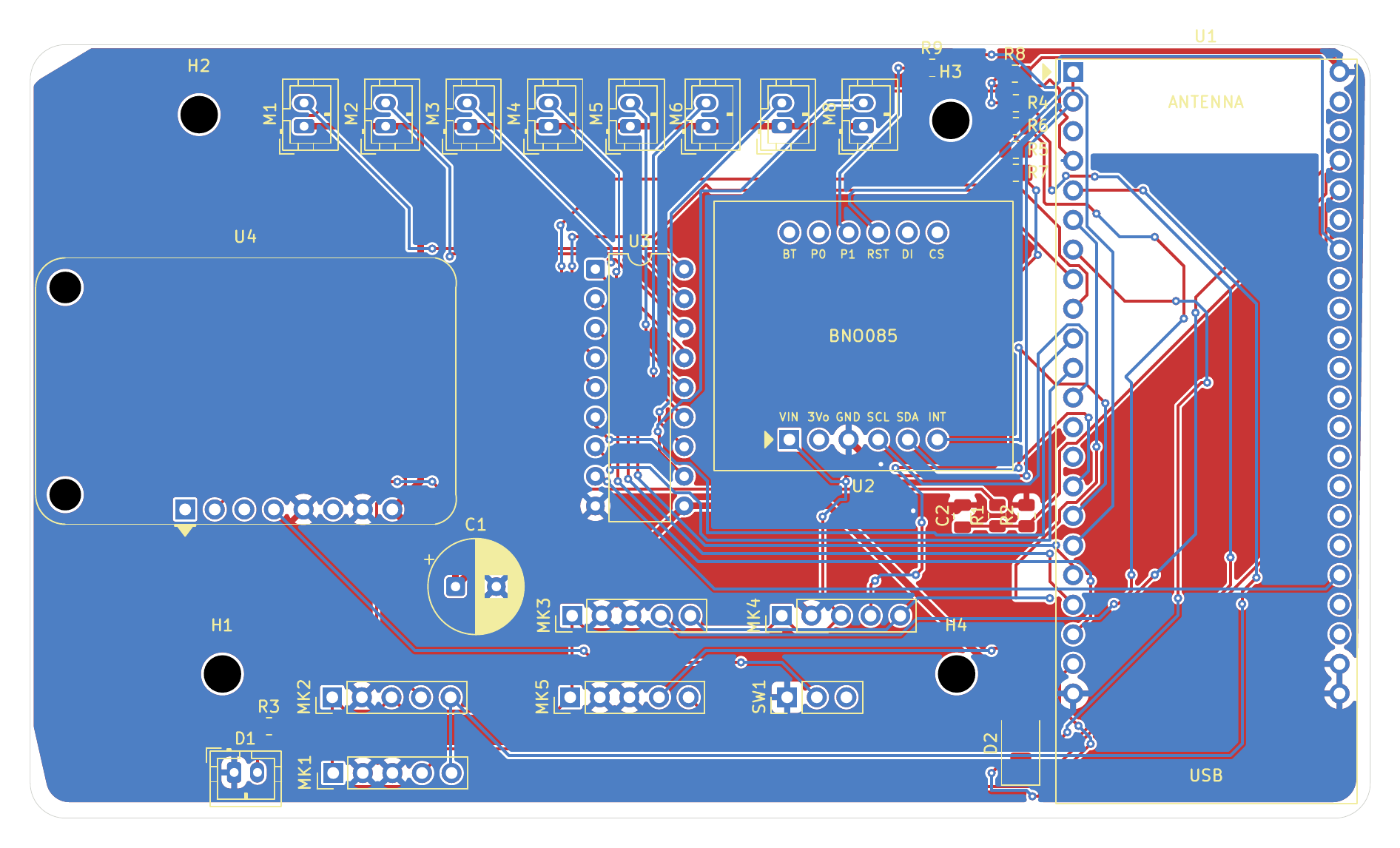v3 carrier board: 3D render and copper layers (top red, bottom blue)