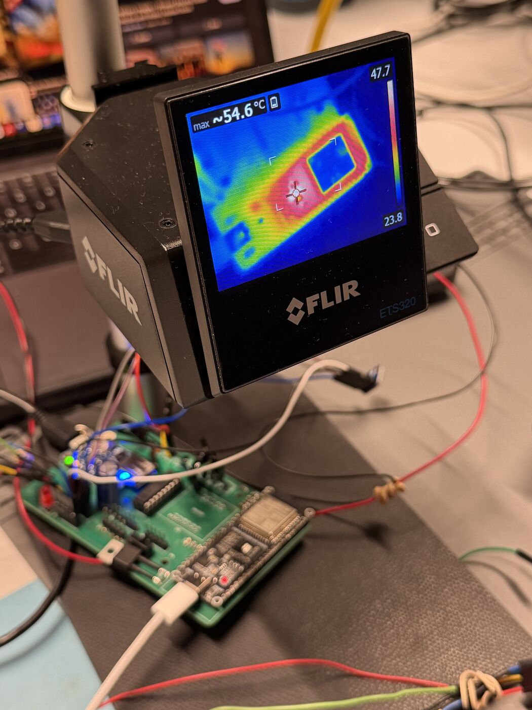 Thermal imaging: the setup, the board at ~28–43 °C, and the ESP32 module hot spot at 54.6 °C