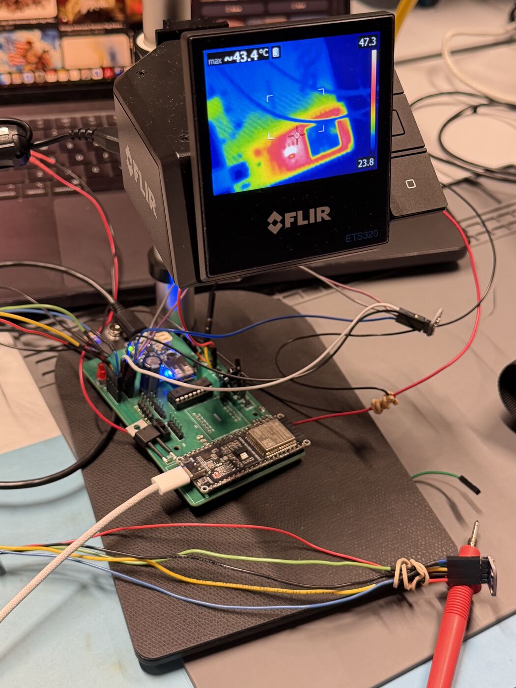 Thermal imaging: the setup, the board at ~28–43 °C, and the ESP32 module hot spot at 54.6 °C