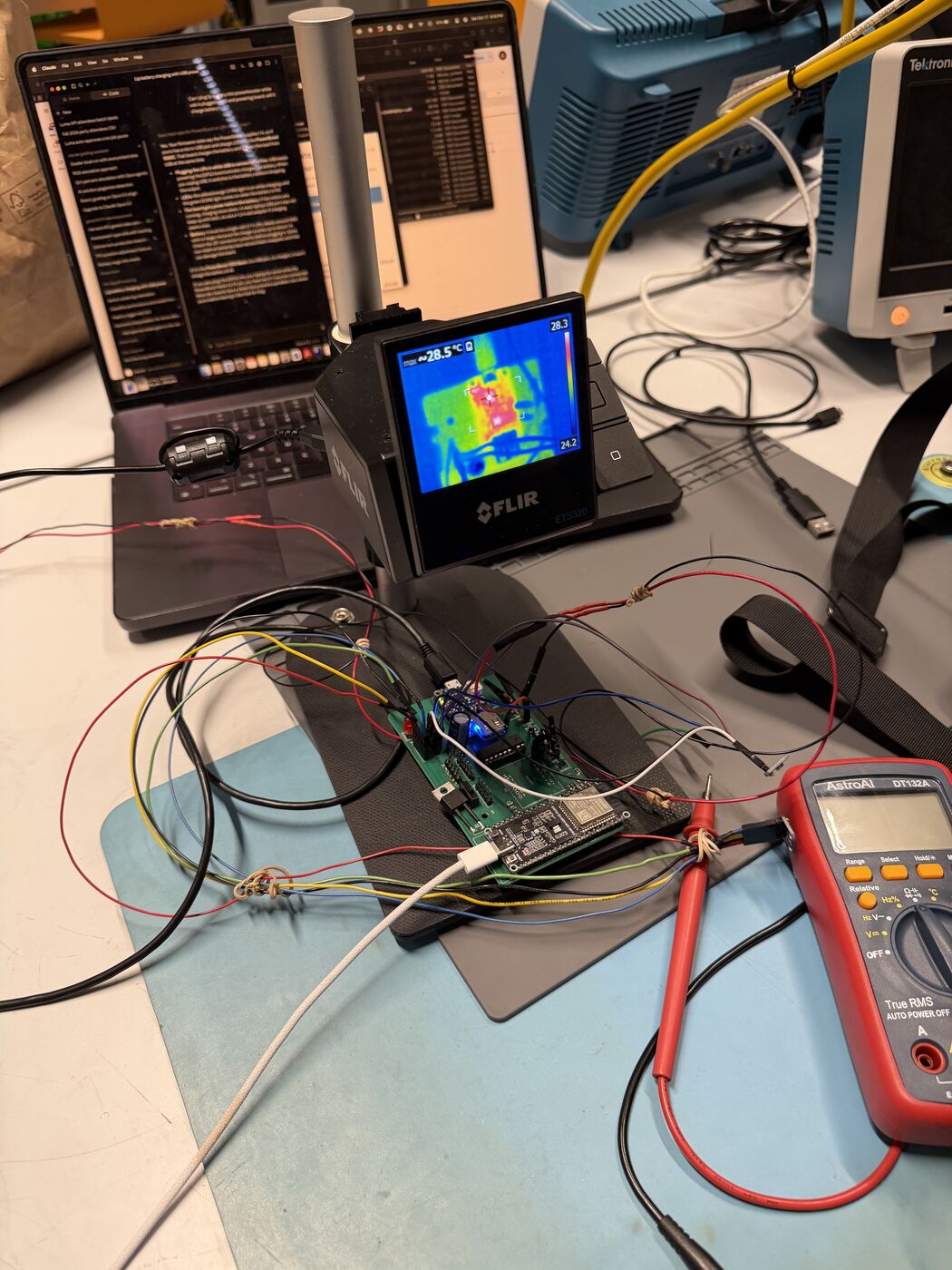 Thermal imaging: the setup, the board at ~28–43 °C, and the ESP32 module hot spot at 54.6 °C